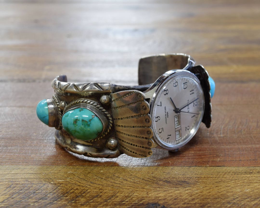 Vintage Navajo Sterling Silver and Turquoise Men's Watch Cuff Bracelet ...