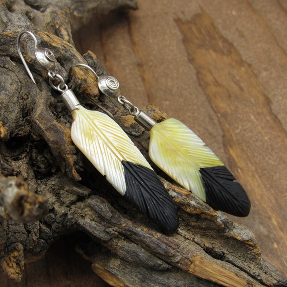 Vintage Mother of Pearl Eagle Feather Dangle Earr… - image 3