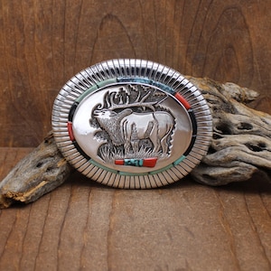 Handsome Sterling Silver Oval Buckle with Inlay and Elk Overlay Design image 1
