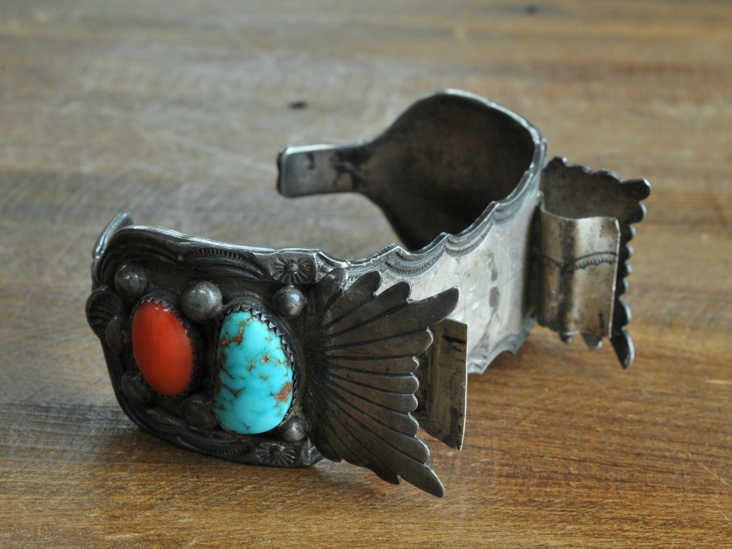 Vintage Navajo Sterling Silver Turquoise and Coral Watch Cuff Bracelet ...