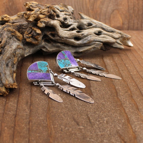 Large Beautiful Sugilite and Turquoise Inlay Ray Tracey Post Earrings * View 2
