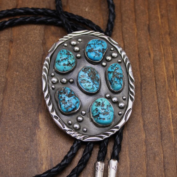 Vintage Sterling Silver Turquoise Cluster Bolo Tie * - Gem