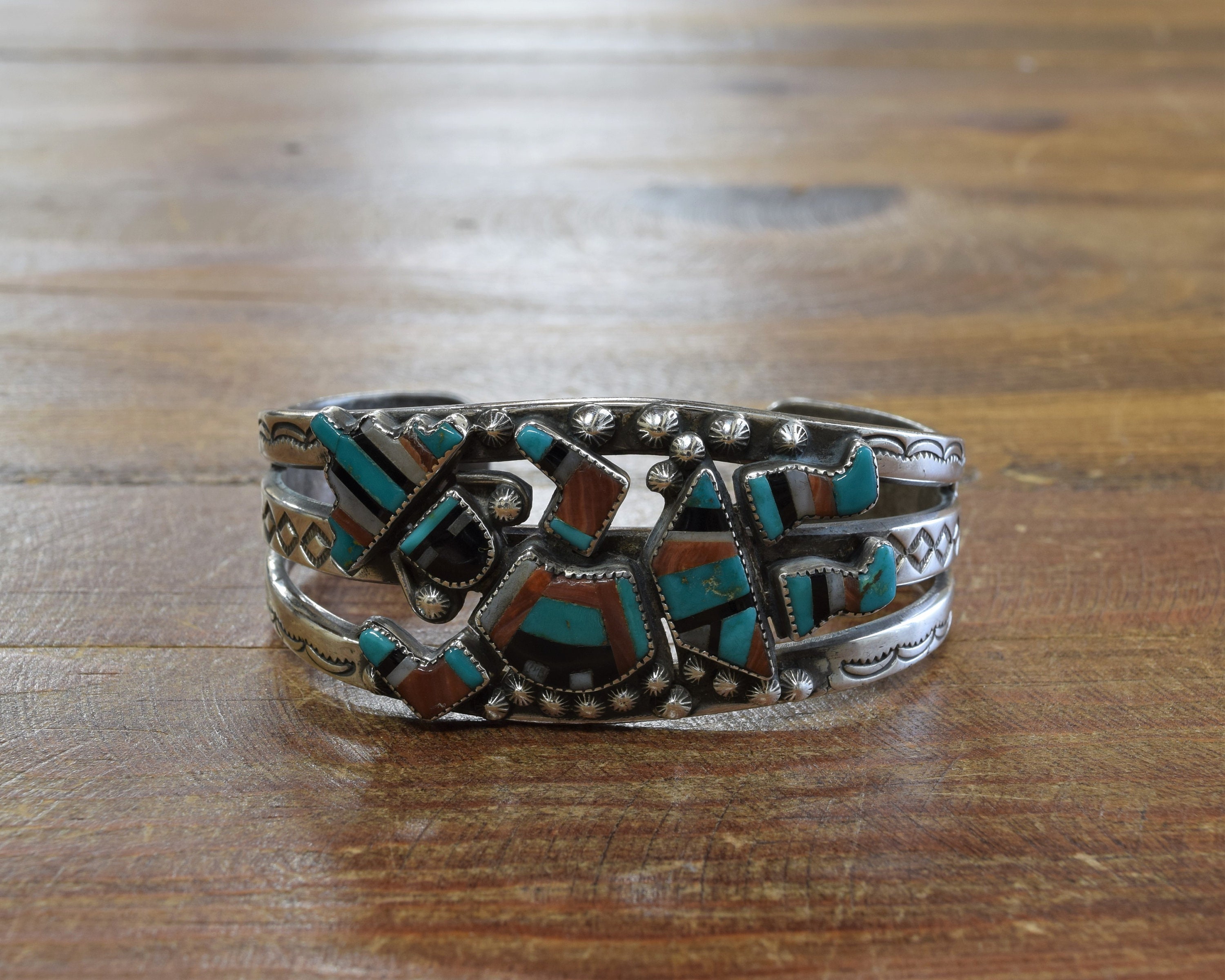 Vintage Zuni Sterling Silver and Multi-stone Inlay Rainbow Yei