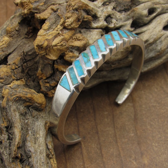 Vintage Sterling Silver Southwest Turquoise Inlai… - image 3