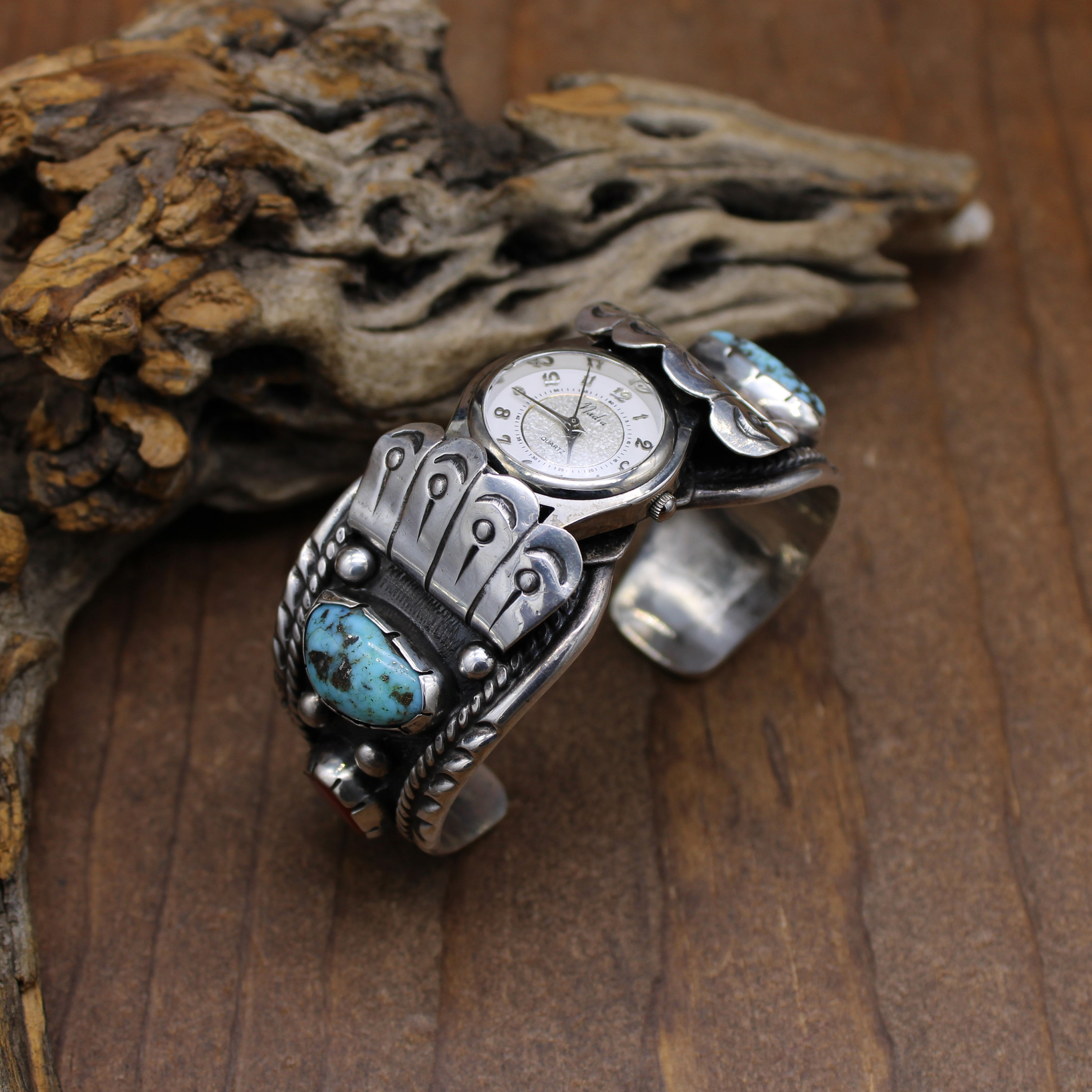 Vintage Navajo Sterling Silver Turquoise Coral Watch Cuff Bracelet RB Signed Native American Navajo Handcrafted Sterling Silver Cuff  main image 3