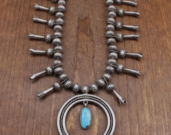 Vintage Sterling Silver Squash Blossom Necklace with Turquoise Naja*
