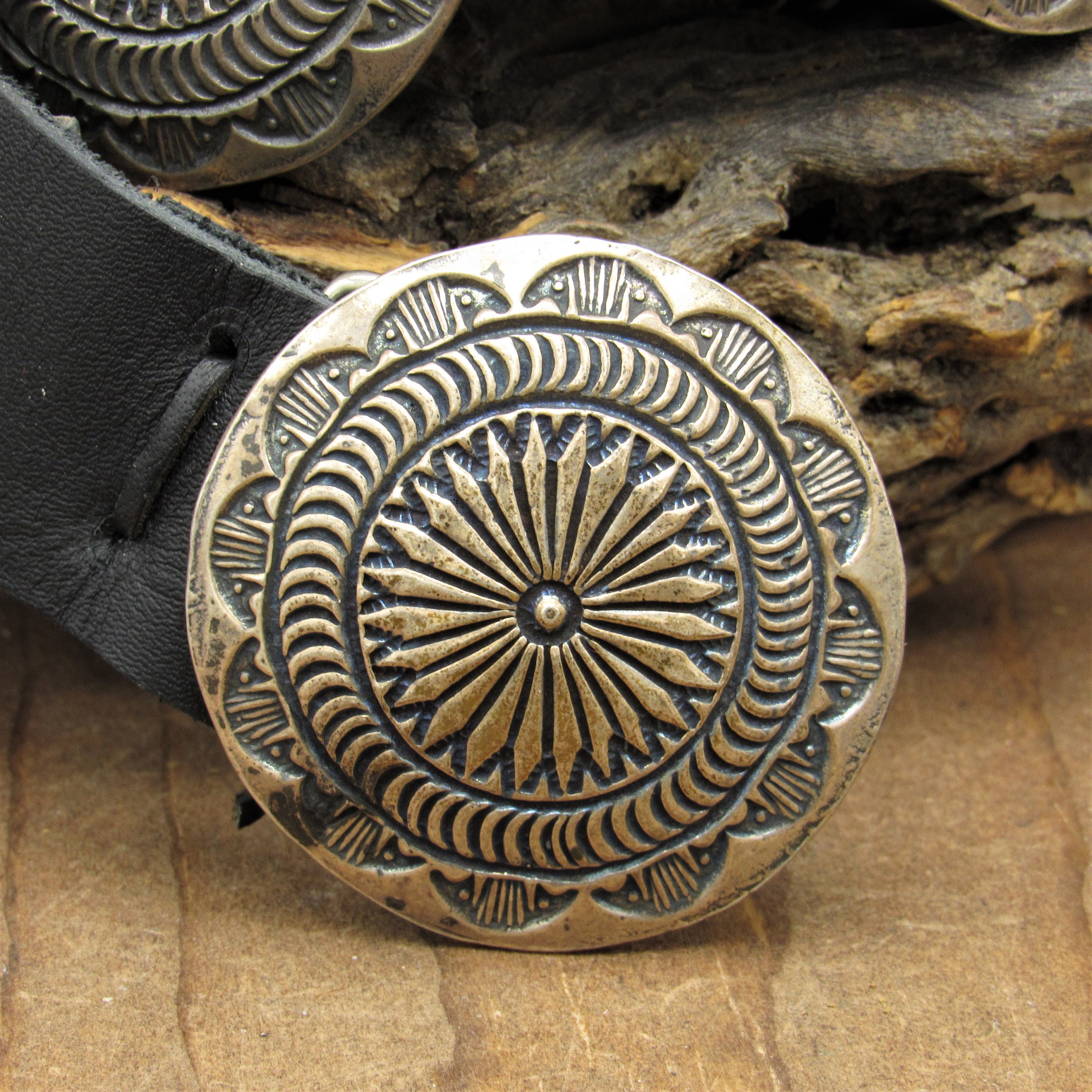 Southwest Sterling Silver Concho Belt on Black Leather* - Etsy display picture 1