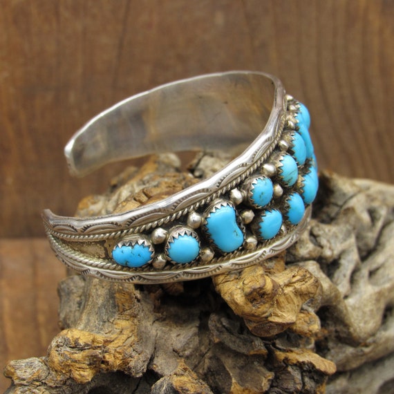 Vintage Sterling Silver Two Row Turquoise Cuff Br… - image 3