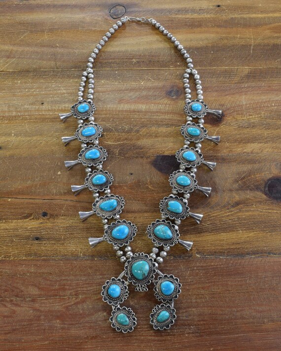 Sterling Silver Teardrop Cluster Turquoise Multi Squash Blossom Naja Pendant
