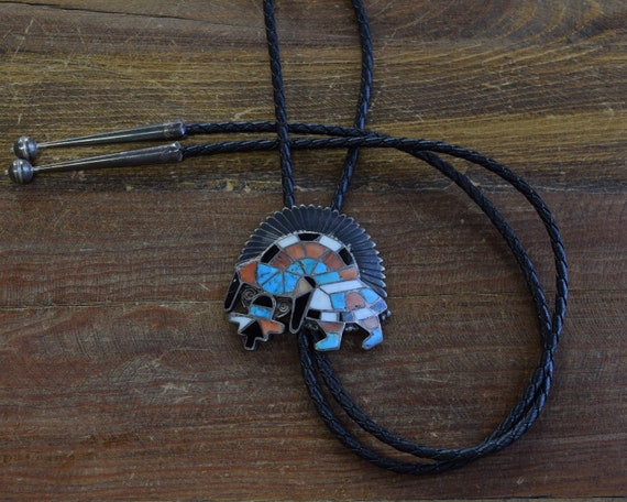 Vintage Multi-Color Inlay Rainbow Kachina Bolo Tie - image 1