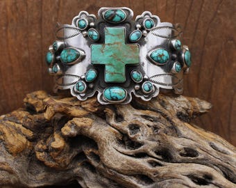 Sterling Silver Turquoise Cross and Cluster Cuff Bracelet*