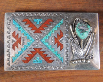 Signed - Angelita Cheama Zuni Vintage Turquoise Coral Sterling Belt Buckle Angelita Cheama Vintage Native American Zuni Morenci  main image 3