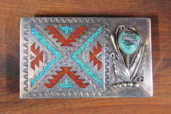 Sterling Silver Navajo Turquoise, Coral Inlaid Belt Buckle (Vintage) Item #960M- Large Vintage Navajo Turquoise and Coral  main image 3