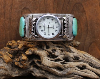 Navajo Kingman Turquoise Watch Band Decor Sterling Silver  display picture 1
