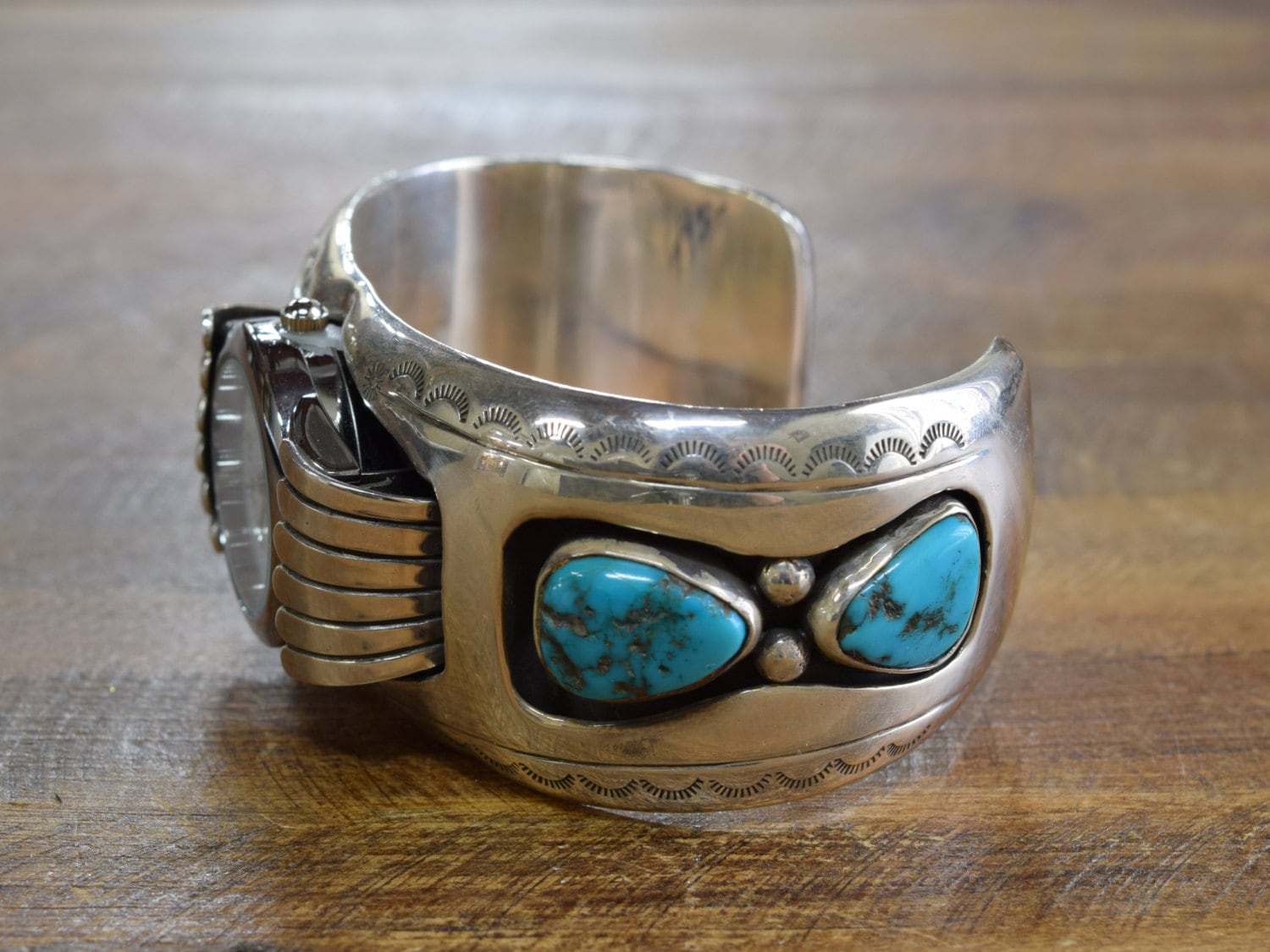 Vintage Navajo Turquoise Shadowbox Sterling Silver Watch Cuff Bracelet ...
