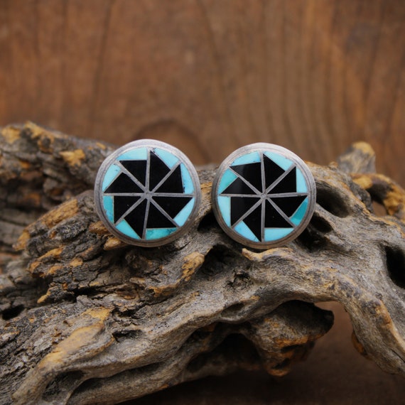 Sterling Silver, Turquoise and Jet Inlay Zuni Cli… - image 1