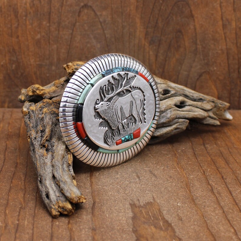 Handsome Sterling Silver Oval Buckle with Inlay and Elk Overlay Design image 3