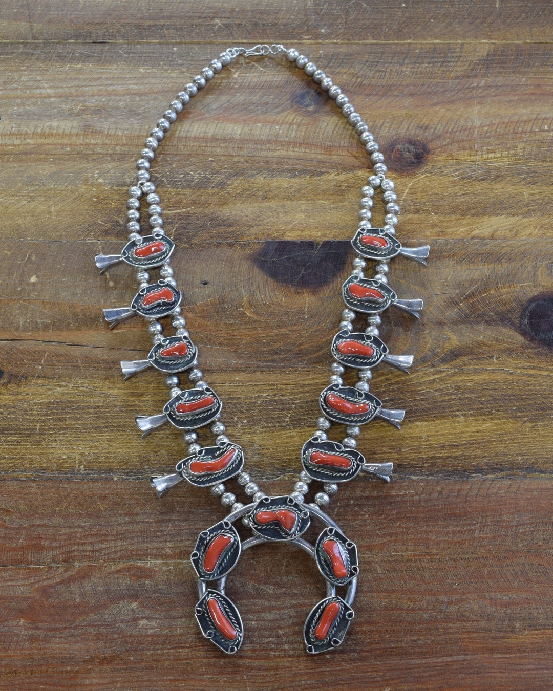 Vintage Sterling Silver Red Coral Squash Blossom Necklace + - Etsy