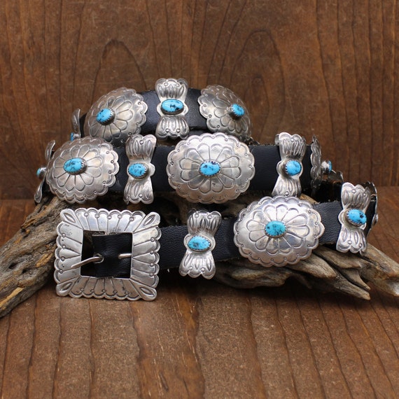 Silver Boho Vintage Western Turquoise Stone Concho Statement Belt Belt, A Vintage, Concho, Strap, Turquoise, Vintage Estate  main image 4