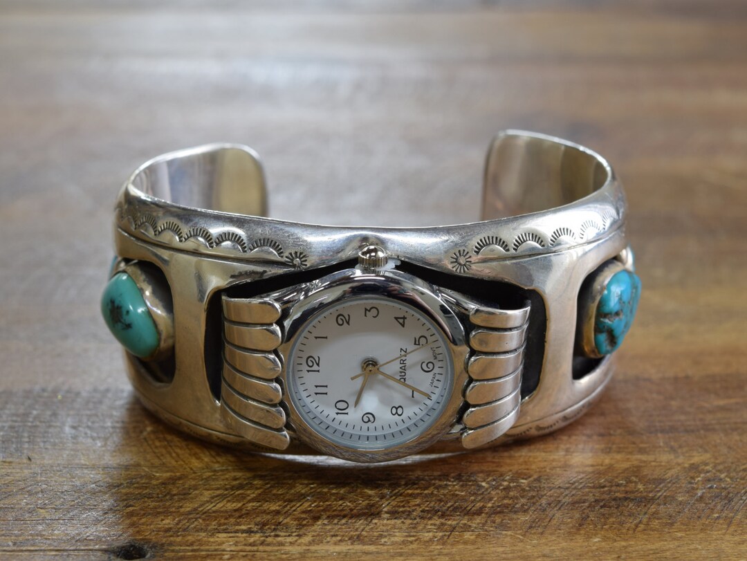 Vintage Navajo Turquoise Shadowbox Sterling Silver Watch Cuff Bracelet ...