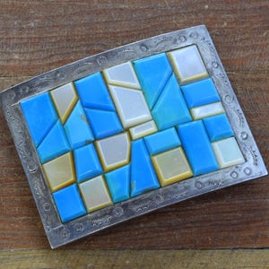 Vintage Sterling Silver Turquoise and Mother of Pearl Belt Buckle image 3