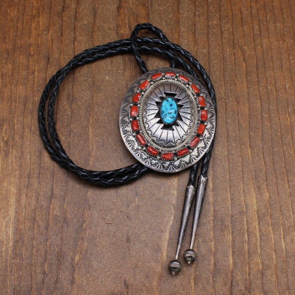 Gorgeous Vintage Sterling Silver Coral and Turquoise Shadow Box Bolo Tie