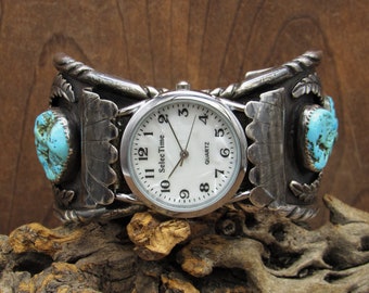 Sterling Silver and Turquoise Men's Navajo Watch Bracelet *