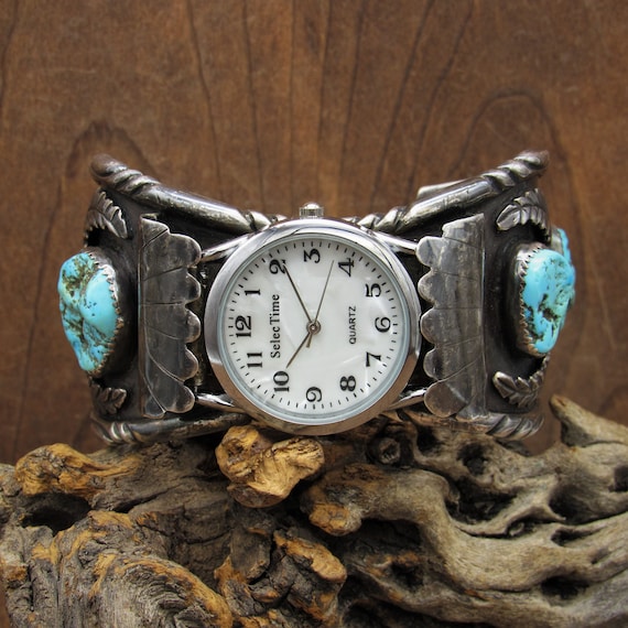 Sterling Silver and Turquoise Men's Navajo Watch Bracelet Sterling Silver and Turquoise Men's Navajo Watch Bracelet