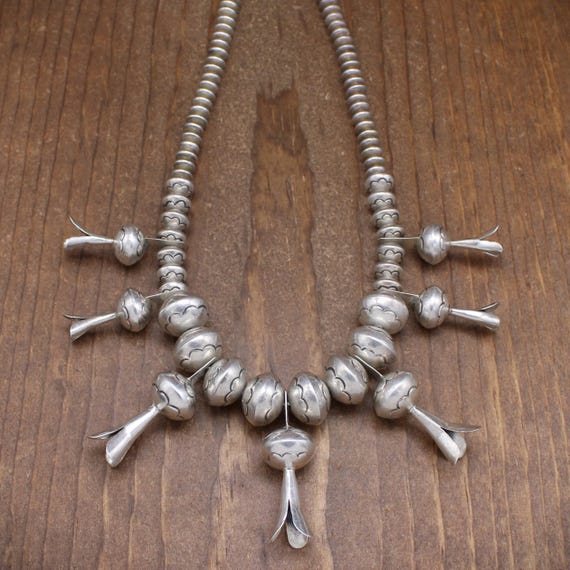 Vintage Handmade Sterling Silver Bead Necklace with Squash Blossoms*