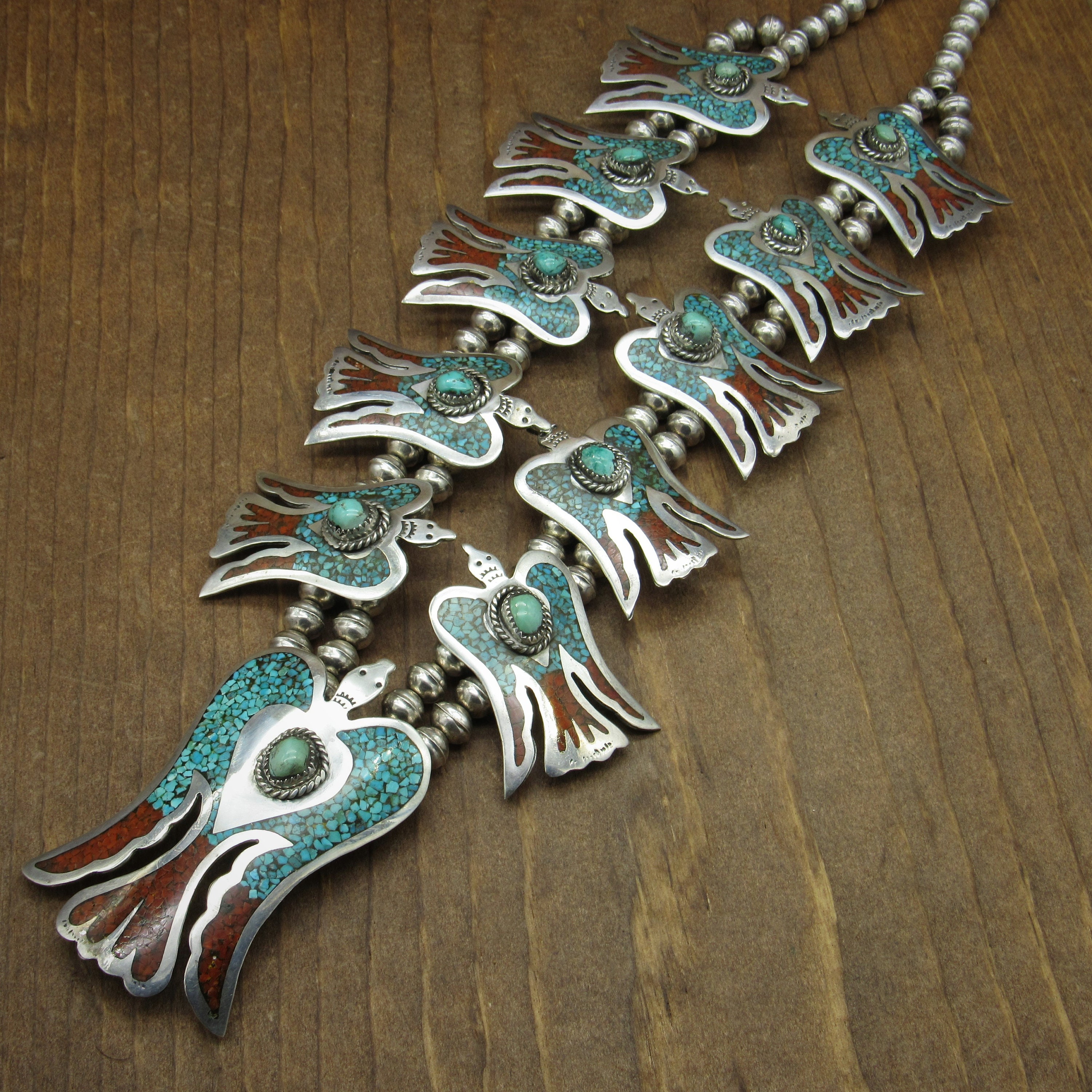 Sterling Silver Coral and Turquoise Chip Inlay Peyote Bird Squash