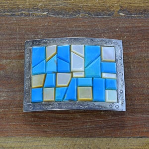 Vintage Sterling Silver Turquoise and Mother of Pearl Belt Buckle image 1