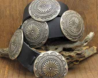 Southwest Sterling Silver Concho Belt on Black Leather*