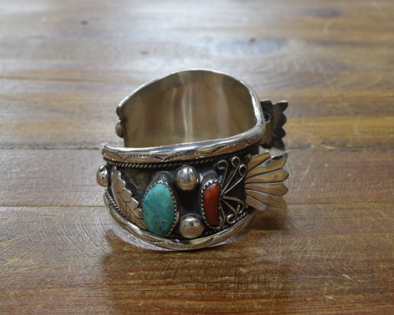Vintage Navajo Sterling Silver Turquoise and Cora… - image 2