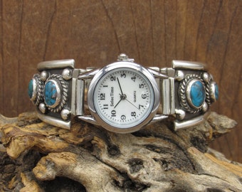 Vintage Southwestern Sterling Silver Turquoise Hinged Watch Bracelet