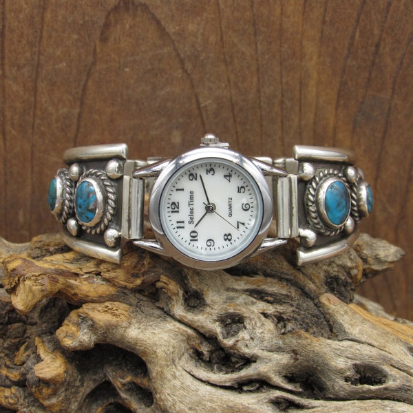 Vintage Southwestern Sterling Silver Turquoise Hinged Watch Bracelet
