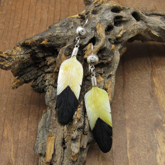 Vintage Mother of Pearl Eagle Feather Dangle Earr… - image 1