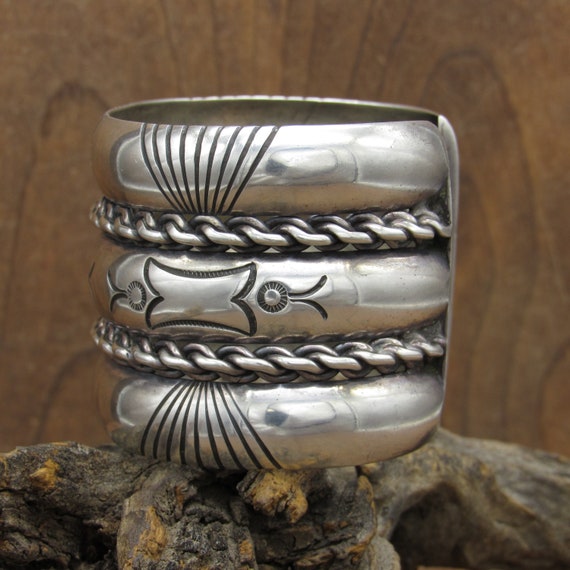 Vintage Wide Sterling Silver Stamped Cuff Bracelet - image 2