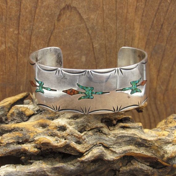 Rare Vintage Native American Navajo Turquoise Coral Chip Inlay Arrows Sterling Silver Bracelet Rare Vintage Native American Navajo Turquoise Coral Chip Inlay Arrows Sterling Silver Bracelet