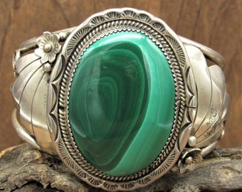 Sterling Silver and Beautiful Malachite Cuff Bracelet