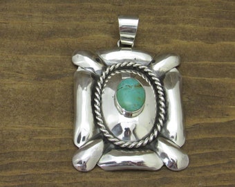 Large Vintage Sterling Silver Green Turquoise Pendant *