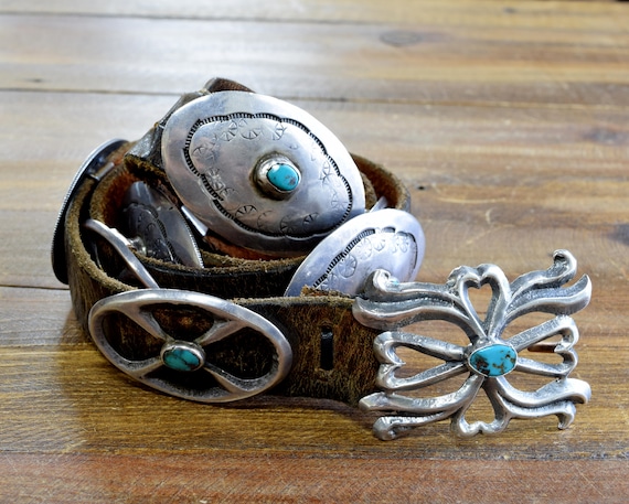 Vintage Sterling Silver and Turquoise Concho Belt - image 1