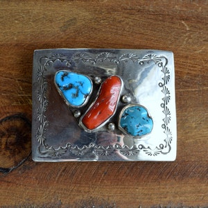 Turquoise and Coral Sterling Silver Belt Buckle by Jose Campos