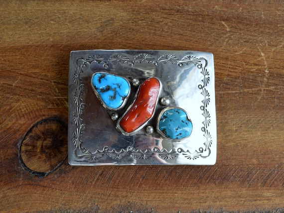 Vintage Turquoise & Coral Stone Silver Belt Buckle Sterling Navajo Turquoise Coral Cluster Silver Belt Buckle 29121 main image 2
