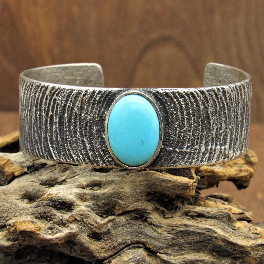 Sterling Silver Tufa Cast Cuff Bracelet With Oval Turquoise Etsy