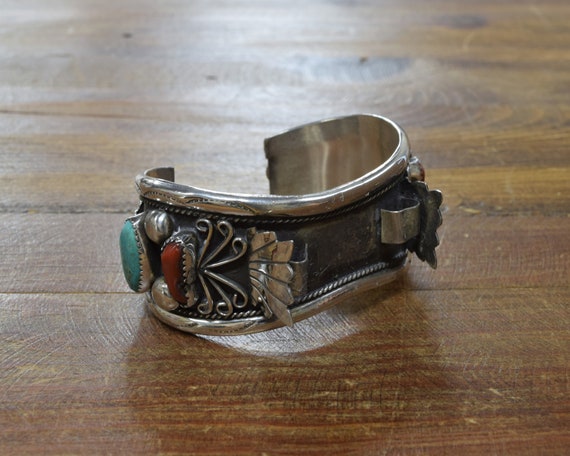 Vintage Navajo Sterling Silver Turquoise and Cora… - image 1