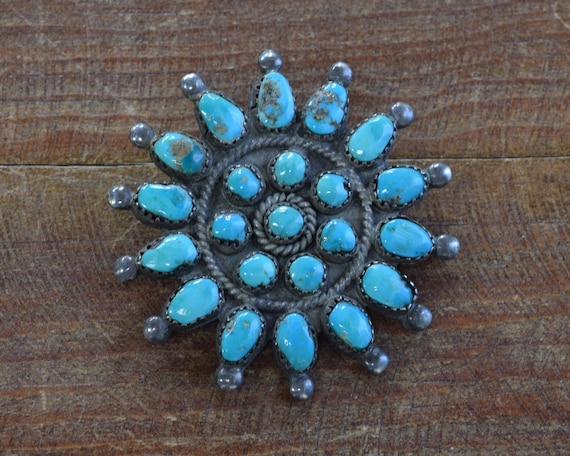 Vintage Zuni Sterling Silver and Turquoise Cluste… - image 1