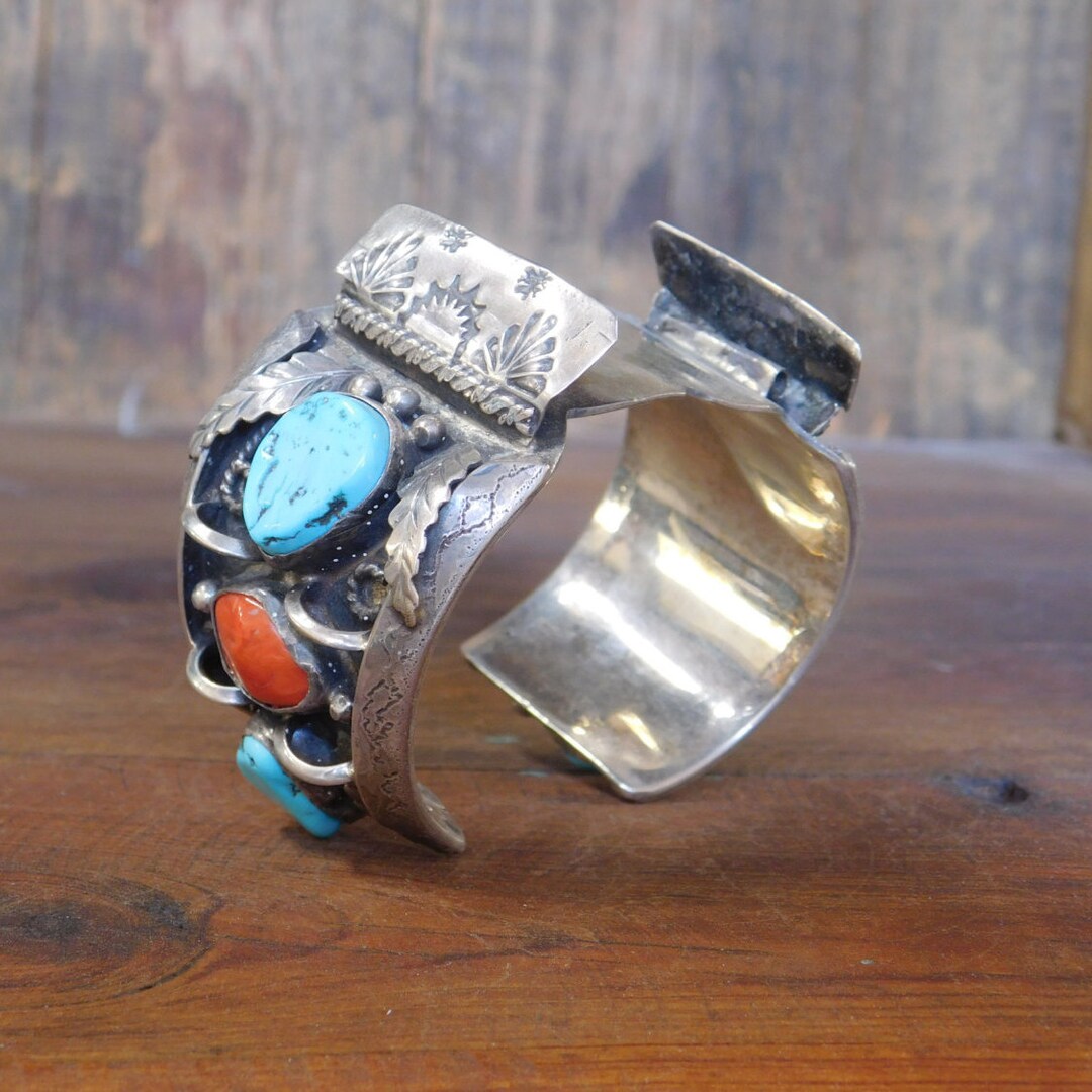 Vintage Navajo Sterling Silver Turquoise and Coral Watch Cuff Bracelet ...