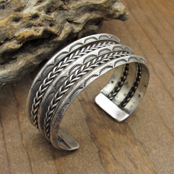 Double Quail Vintage Native American Navajo Hand Tooled Sterling Silver Bracelet Cuff Double Quail Vintage Native American Navajo Hand Tooled Sterling Silver Bracelet Cuff