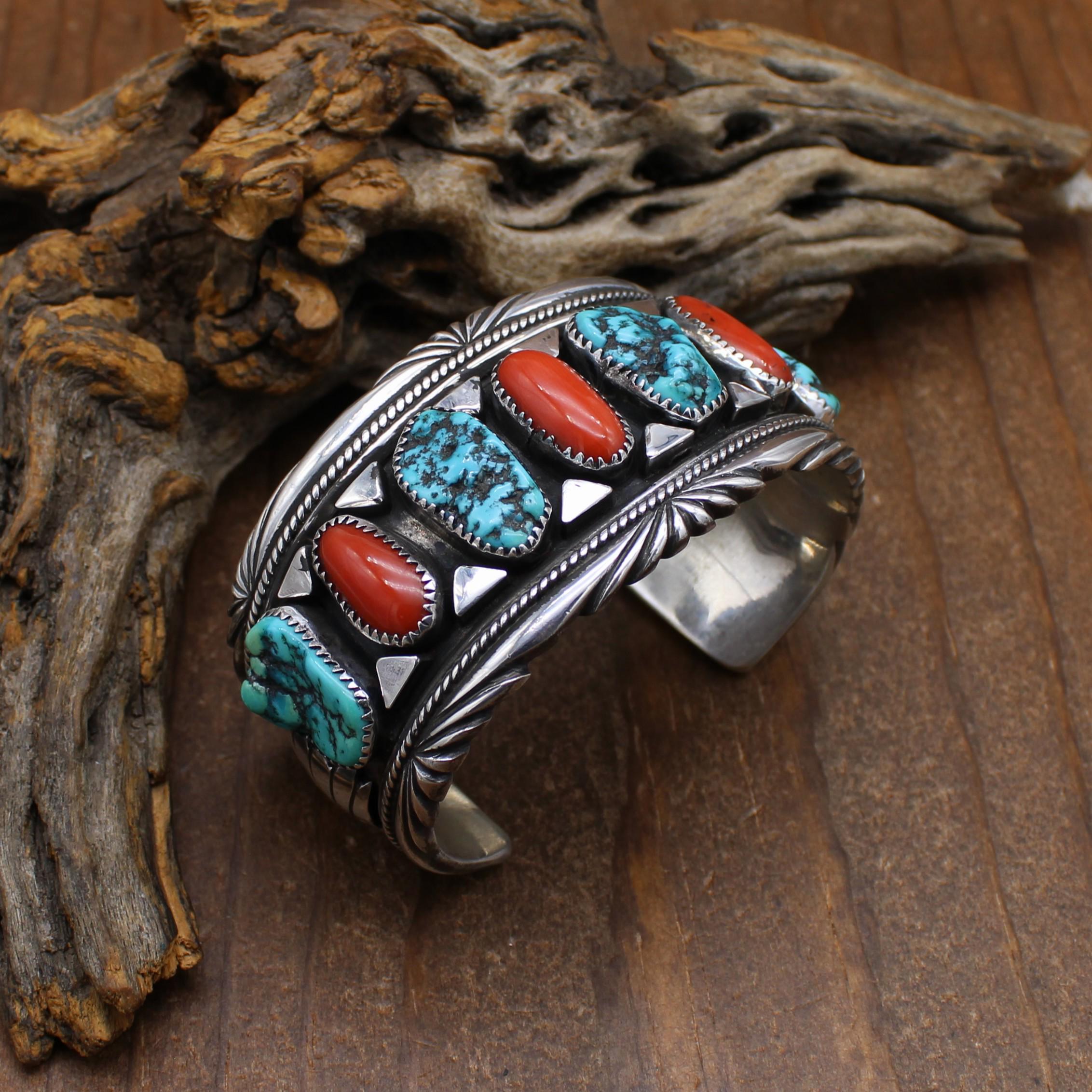 Gibson Nez Vintage Sterling Silver Turquoise and Coral Cuff
