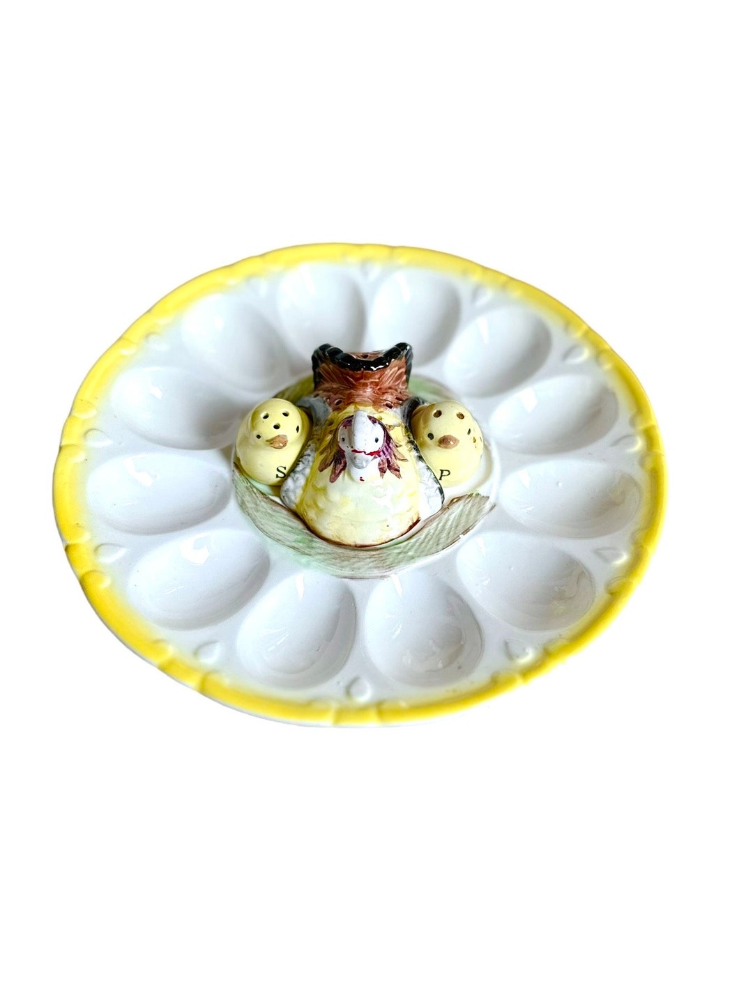 Vintage Devilled Egg Chicken Plate Cups Set of Salt and Pepper Kitchen Egg Holders Country
